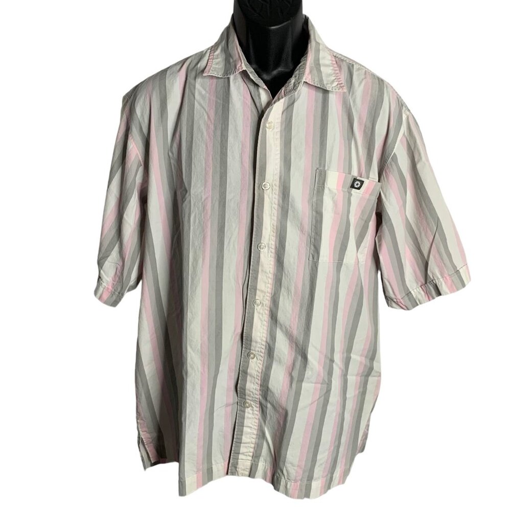 Vintage 90s Y2K Southpole Button Up Shirt XL White Striped Short Sleeves Pocket